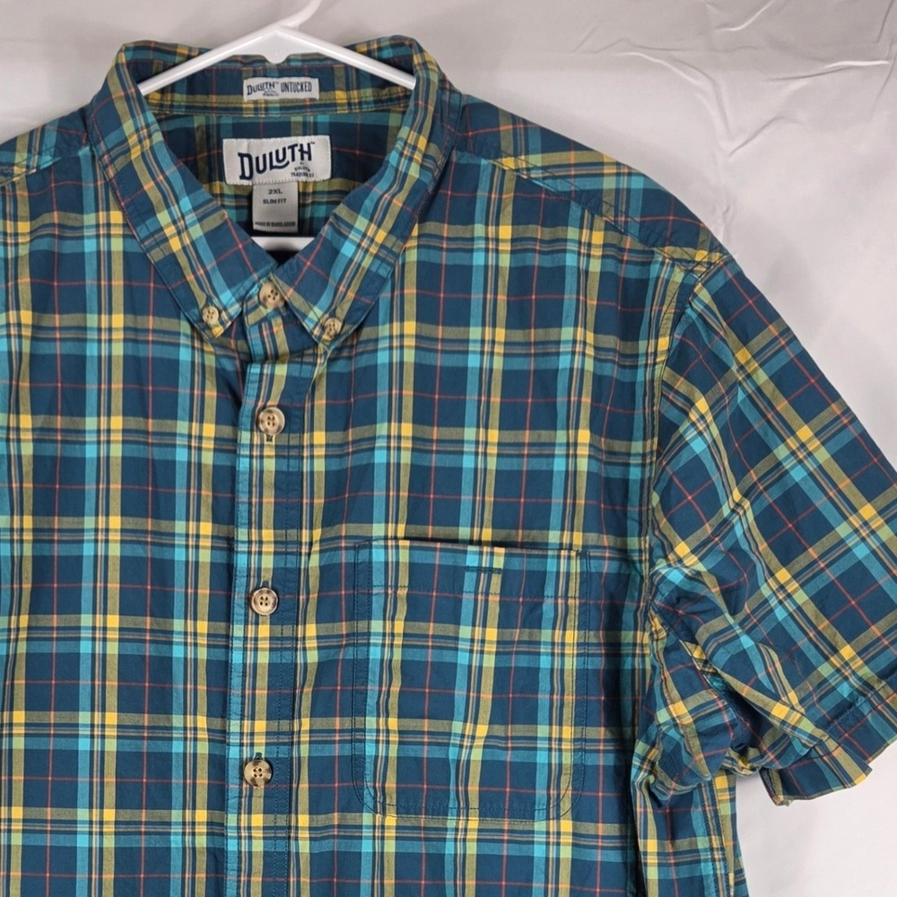 Duluth Trading Co Untucked Shirt Men 2XL Slim Fit Teal Plaid Cotton SS Button Up